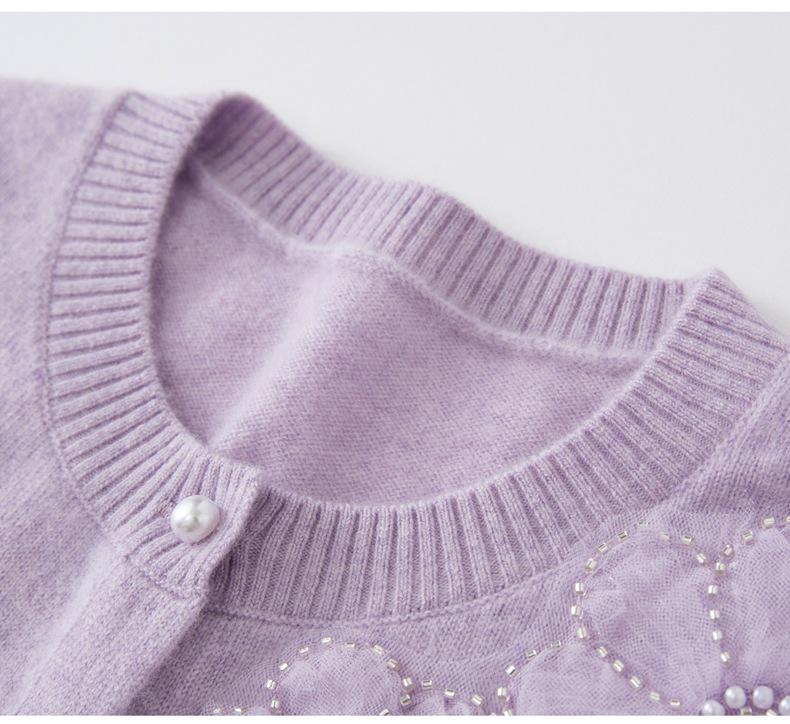 2026 Autumn/Winter Women's Cashmere Cardigan - Round Neck, Cute Style with Three Flower Design, Single-Breasted Jacket