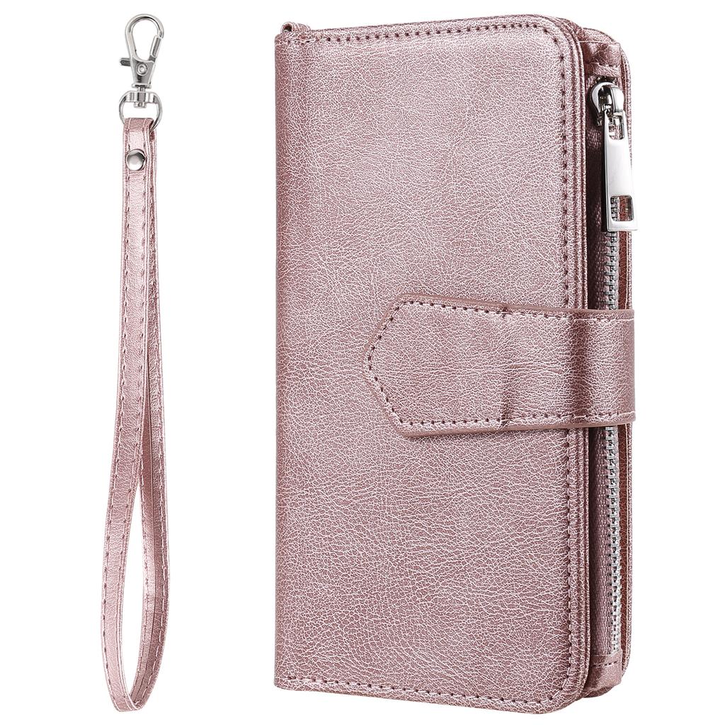 For iPhone 16 Plus Magnetic Leather Case Mobile Cover with Detachable Zipper Wallet Strap
