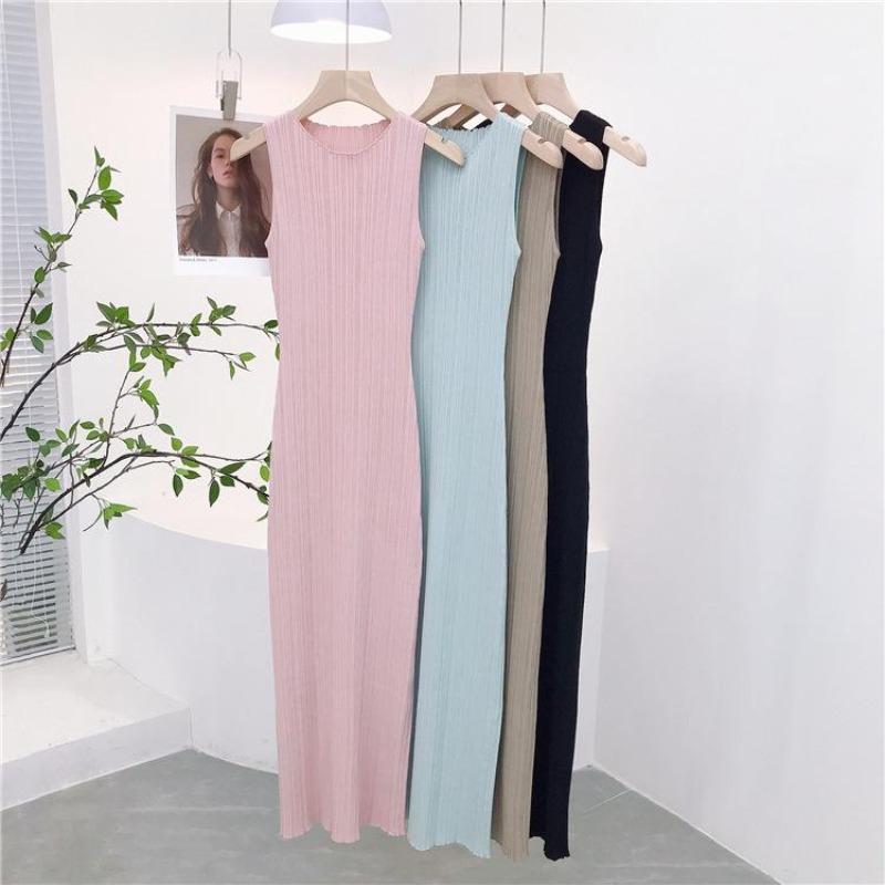 Sleeveless Knitted Pit Stripe Vest Dress Solid Round Collar High Waist Women's Dress Casual Commuting Long Dresses C-312