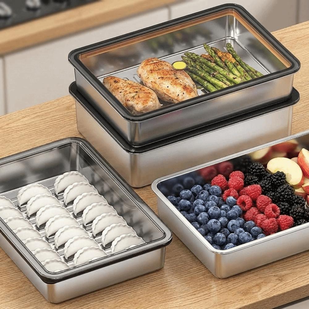 Stainless Steel Food Storage Container Large Capacity Rectangle Dish Noodles Fruit Tray Sealed Space Saving Freezer Food Plates