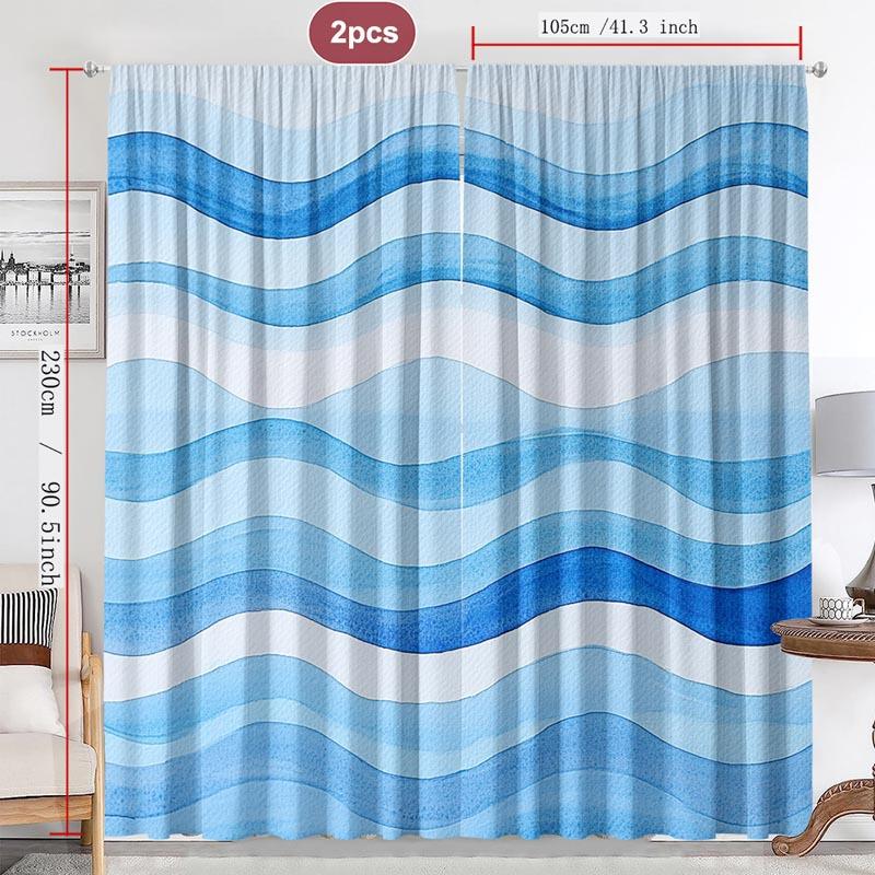 Blaue Aquarellwellen-Vorhänge Set of 2 – Weiche Farbverlaufstreifen, Minimalistisches Design, Stangentasche Lichtfilternde Vorhänge