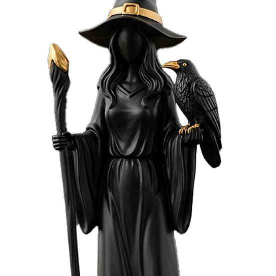 Black Gold Staff Witch Sculpture Halloween Witch Holding Scepter Statue Resin Witch And Raven Figurine for Gothic Home Tabletop Decor