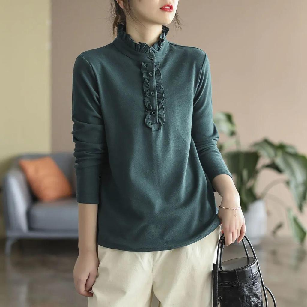 Damen Slim Fit Retro Rüschenhals Samt Langarm Basisschicht Top