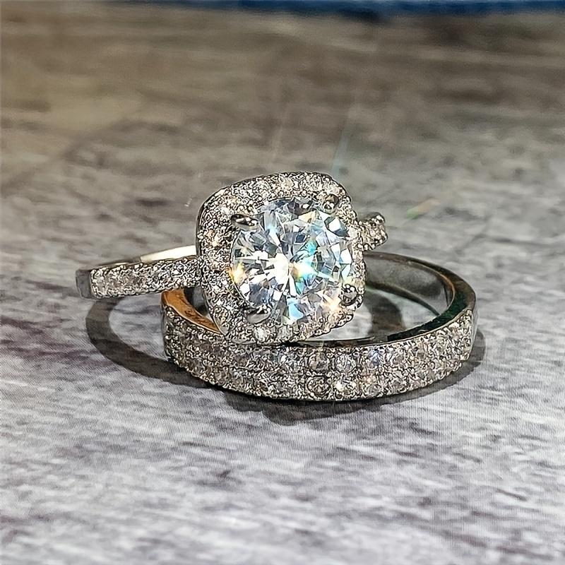 Elegant 2pcs Engagement Ring Set - Princess Cut Synthetic Cubic Zirconia, Alloy, Four-Prong, No Plating - Simple & Elegant Design for Daily & Wedding