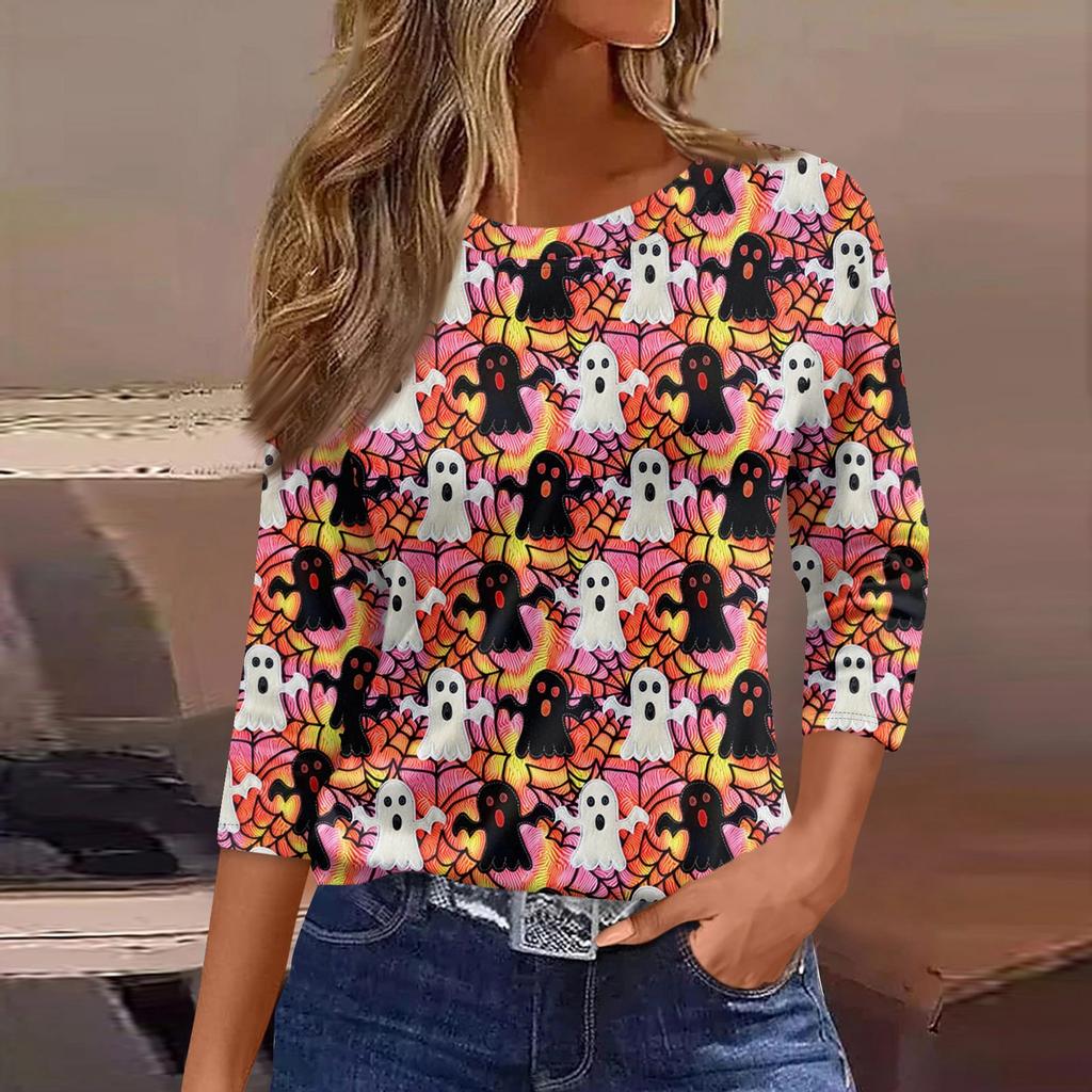 Women's Fashion Casual Three-quarter Sleeve Halloween Printed Round Neck Top