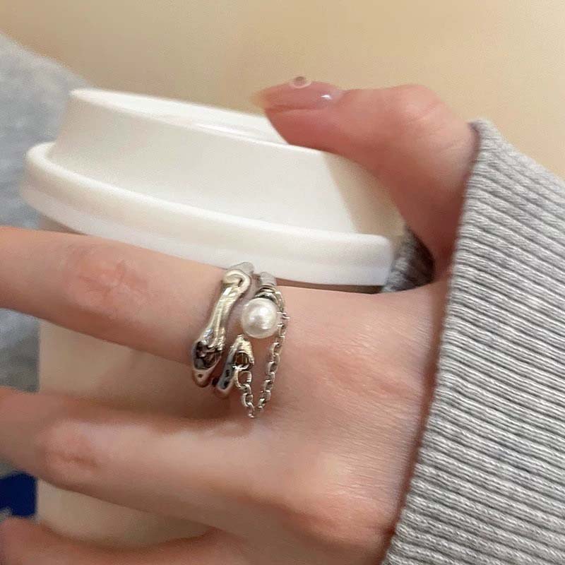 Fashion Zinc Alloy Color Pearl Chain Cuff Ring For Women Couples Simple Metal Double-Layer Adjustable Ring Bride Zircon Gifts