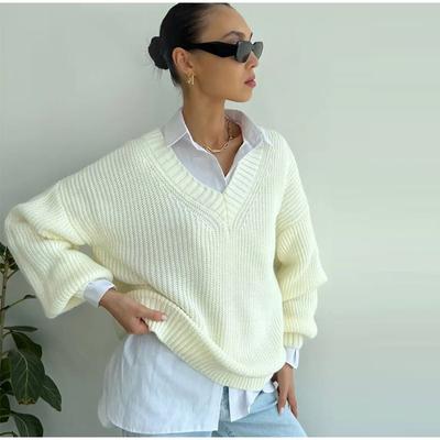 Damen-Strickpullover für Herbst und Winter, lässig, einfarbig, langärmelig, V-Ausschnitt, Pullover