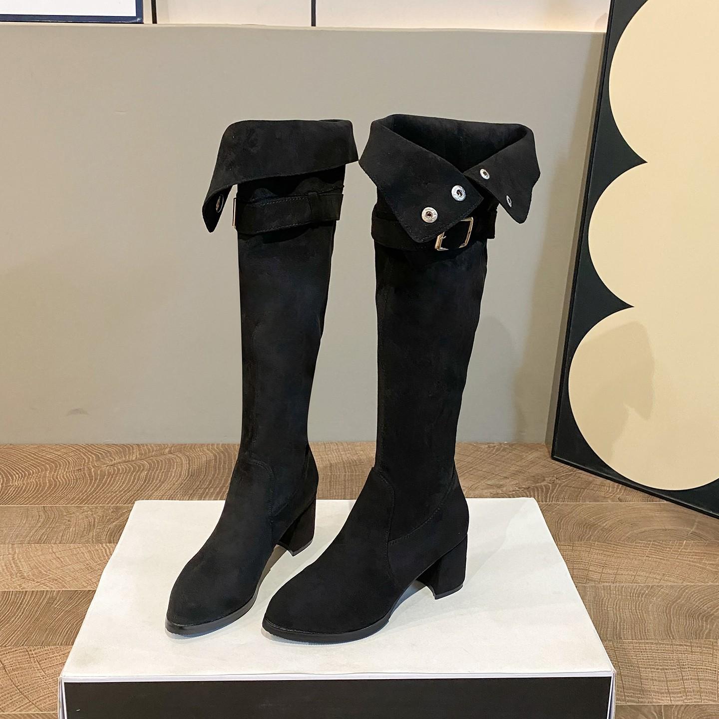 

Autumn new socks boots long boots women s thick heel medium heel elastic thin boots pointed over the knee boots large size 35