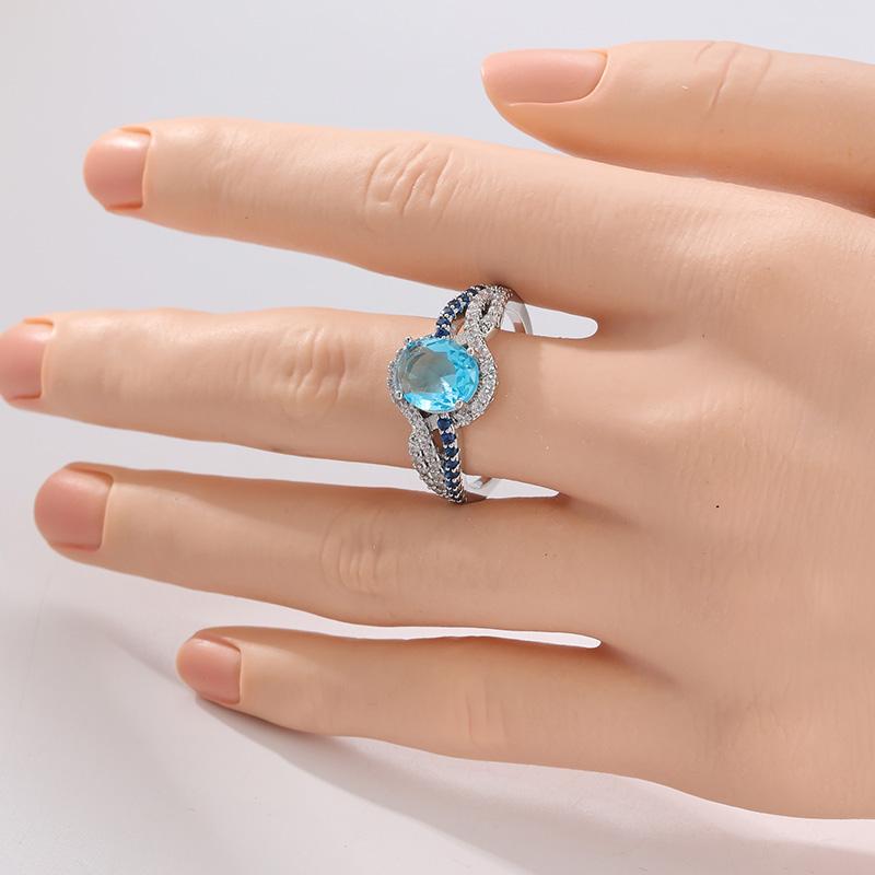 Luxury Sparkling Blue Synthetic Zirconia Wedding Silvery Plated Ring Women's Fashion Elegant Engagement Jewelry Accessories Gift