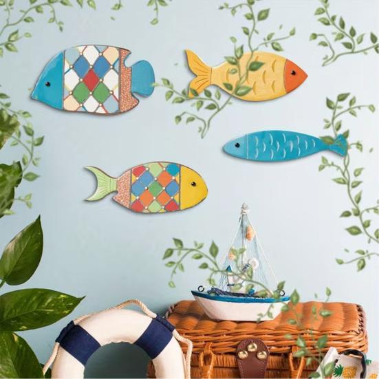 4 szt. Drewniane ryby Dekoracja ścienna Morska Nadmorska Wisząca Sztuka ścienna Rustykalny Motyw plażowy Rzeźba ścienna do łazienki Dom nad jeziorem