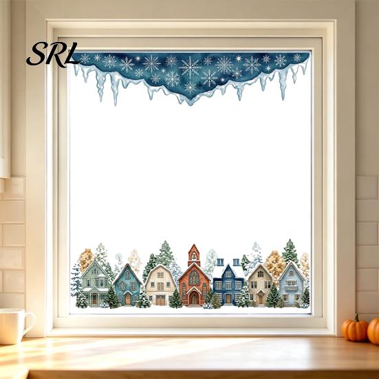 Weihnachtsfensterbilder Winterdorf Statische Aufkleber, Schneeflocke Schneemannhaus Partyzubehör Aufkleber, Abnehmbare Decals für Weihnachts-Schaufenster Haus
