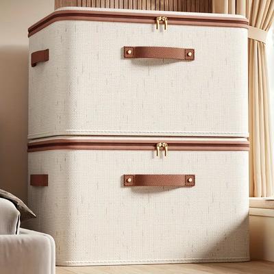 Scatola portaoggetti in lino di grande capacità 56L Doppia cerniera e manici in pelle Pieghevole Organizzatore da sottoletto con coperchio per vestiti, Organizzatore portaoggetti da sottoletto