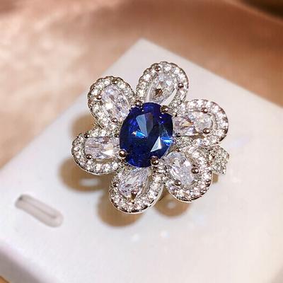 Νέα μόδα Super Flash Fancy Sapphire Flower Δαχτυλίδι Γυναικείο Άνοιγμα Ιδιοσυγκρασίας Κοσμήματα Δώρο γενεθλίων
