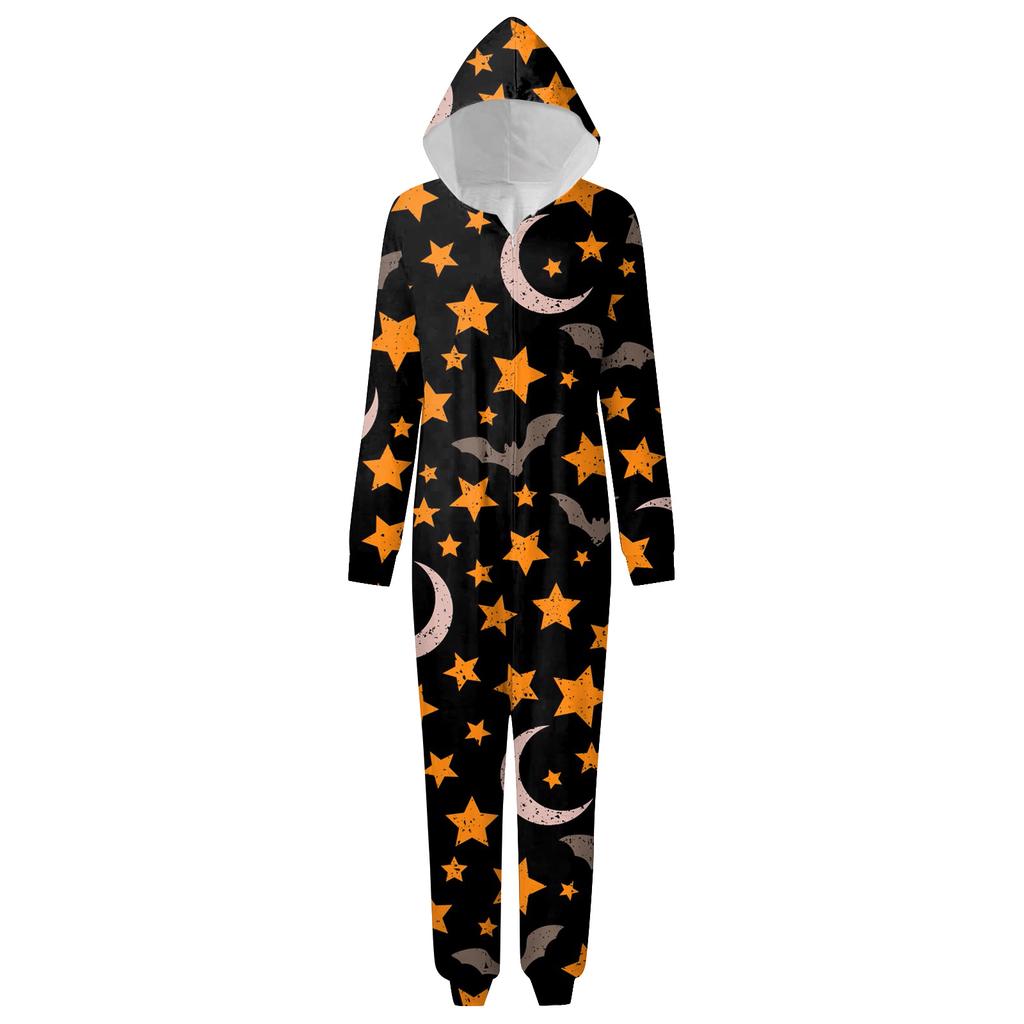 Zestaw kombinezonów z kapturem i długim rękawem zapinanych na zamek, z nadrukiem Halloween, dla całej rodziny