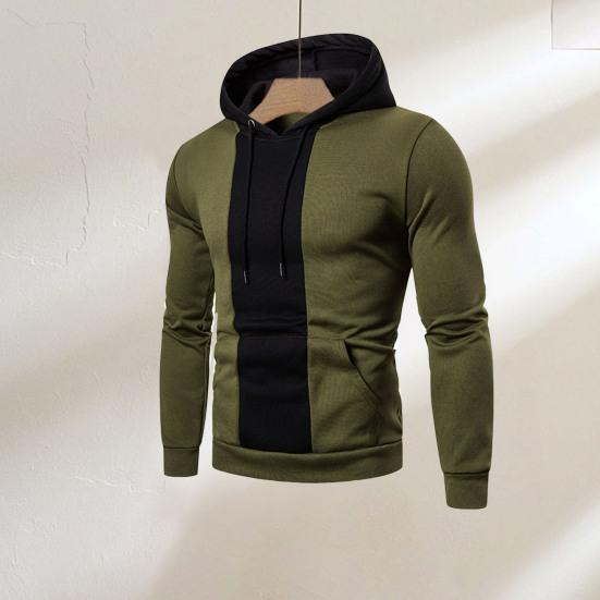 Men Fall Winter Hoodie Colorblock Drawstring Long Sleeves Big Pocket Hooded Retro Thin Loose Daily Wear Casual Sport Top