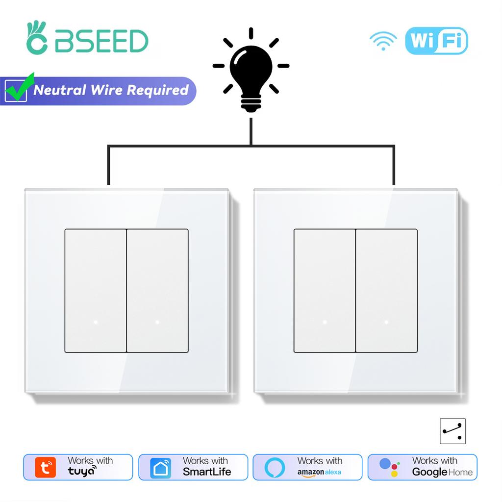 BSEED 1/2/3Gang Wifi Smart Wall Switches 2Way Tuya Smart Life Alexa Control For Stairs Corridor Mechanical Click Buttons 2Pack