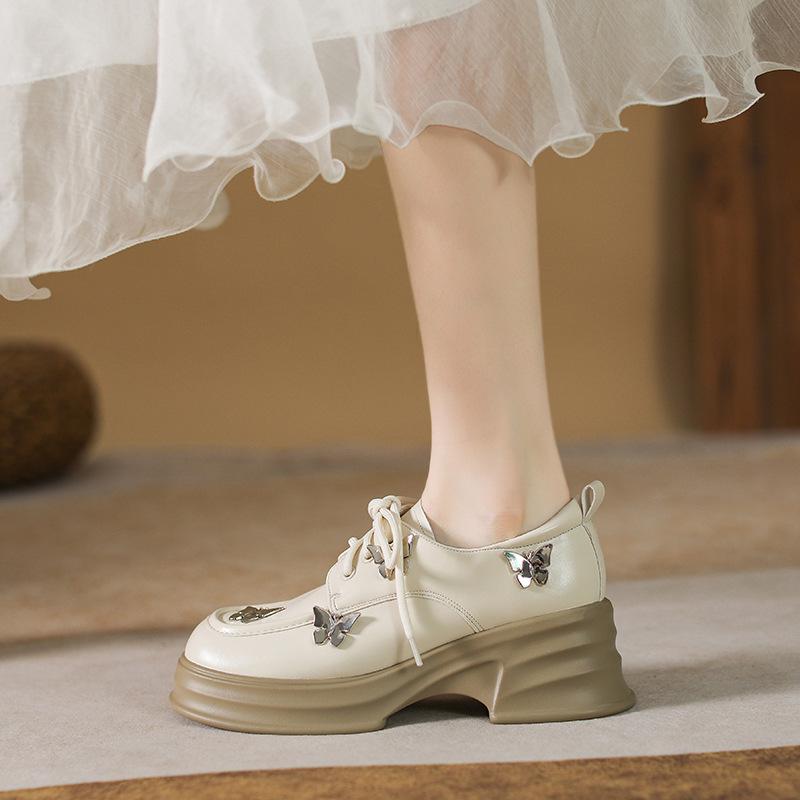 

Маленькие кожаные туфли на шнуровке женская обувь на толстой подошве в стиле маффин ветер одинарные туфли нишевый бант 38 абрикосовый