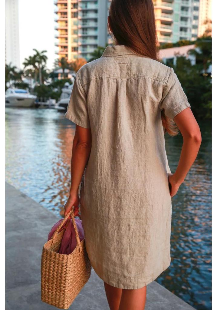 2022 European & American Style Cotton Linen Shirt Dress with Pockets and Buttons