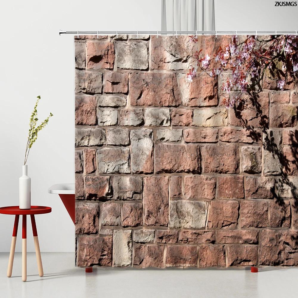 3D Printing Brick Pattern Shower Curtains Set Vintage Stone Brick Wall Polyester Fabric Hanging Curtain Bathroom Curtain Hooks