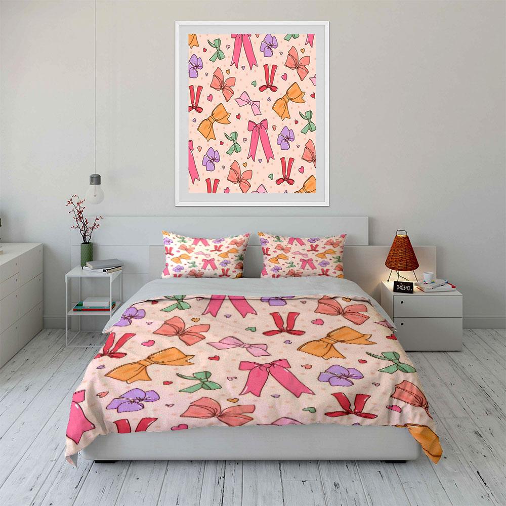 Colorful Bow Pattern Set Decor Bedding Set with 1 Duvet Cover 2 Pillowcases Single Double King Queen, Gift