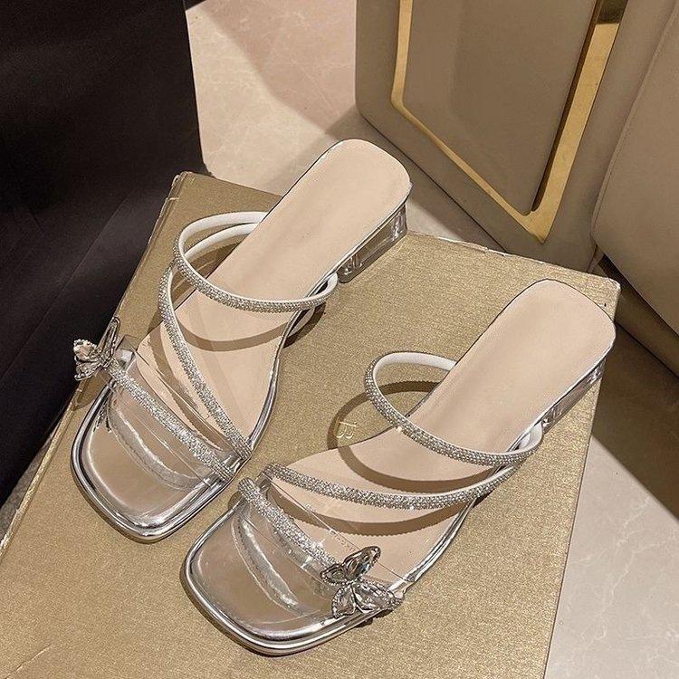 French thick-heeled slippers women's summer wear 2025 new fairy style bow rhinestone temperament high-heeled crystal sandals