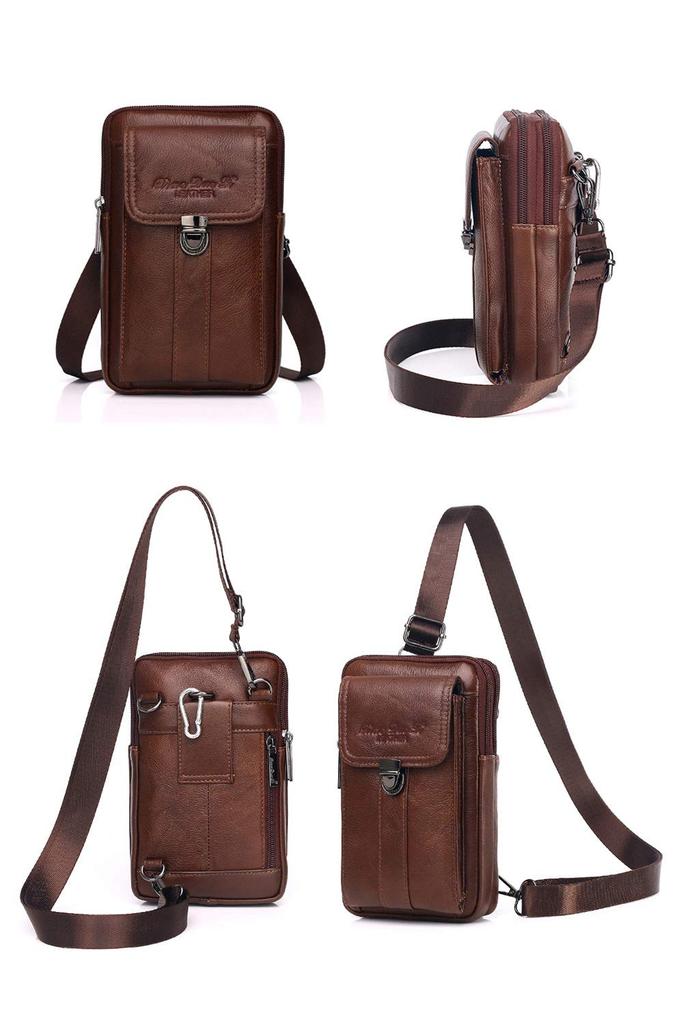 Whatna Natural Cowhide Leather Mini Shoulder Bag for Chest Body Belt Waist Small Thick Genuine Present Brown A Men, 3-Way, Mini, Crossbody, Bag, Bag,