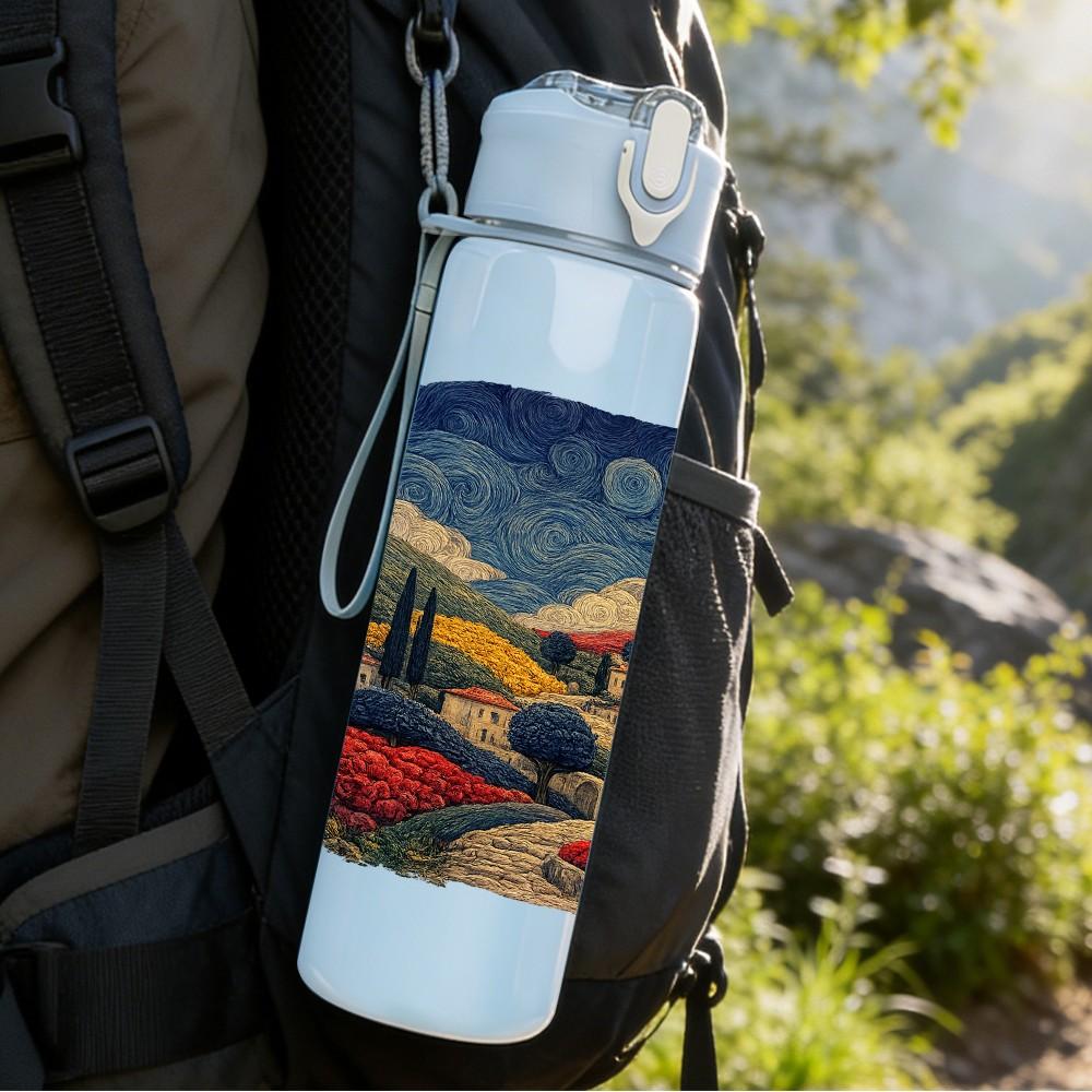 1PC Retro Steam Train Country Landscape Print 750ml Color Plastic Sports Water Bottle Leakproof Flip Straw Lid Suitable for Sports Office Home Use