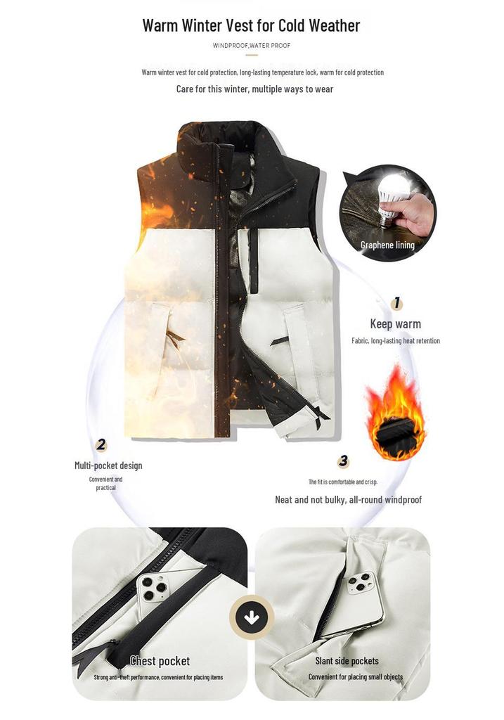 Men's Winter Patchwork Vest: Warm, Windproof, Waterproof, with Zipper Pockets - Fashionable Casual Cotton Design