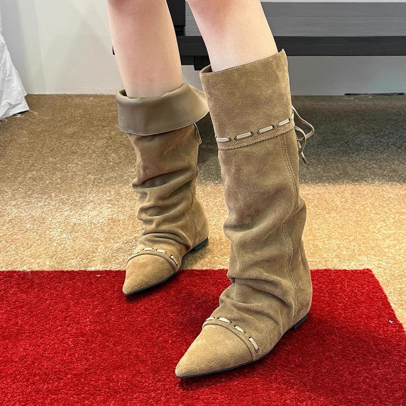 Cowhide version~ Genuine leather retro pointed western cowboy boots but knee boots versatile stacking boots strap high boots