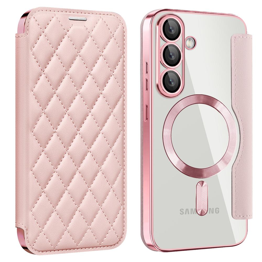 For Samsung Galaxy S25 Case Compatible with MagSafe Rhombus PU Leather Phone Cover