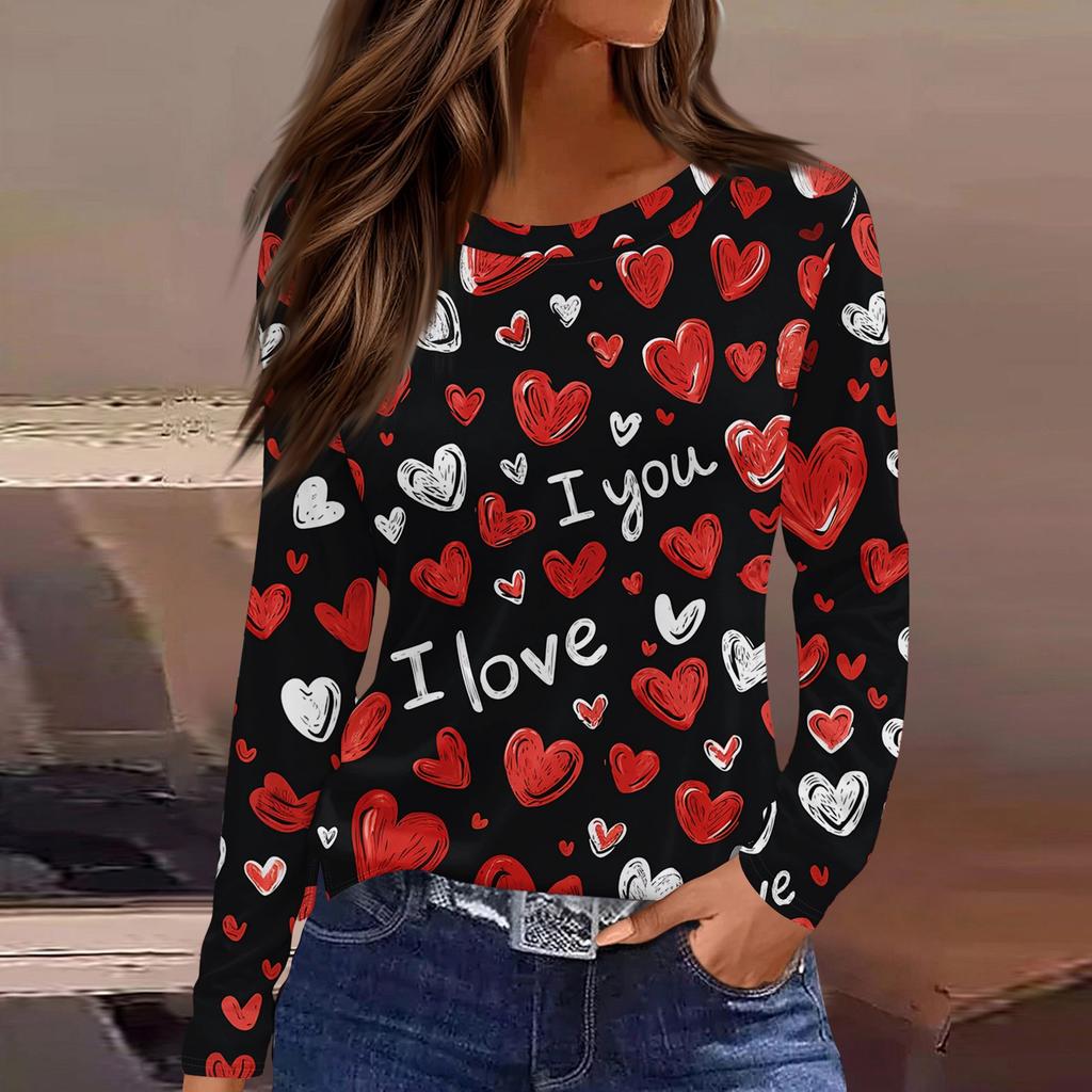 Women's Fashionable Long-Sleeved Round Neck Top with Slit Hem and Valentine's Day Heart Print
