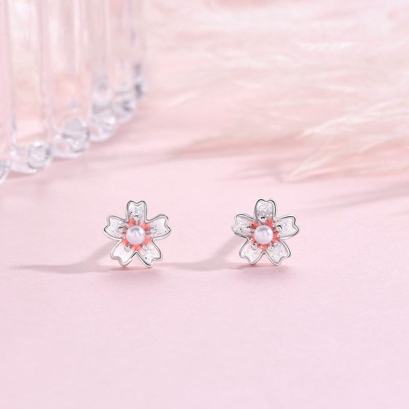 S925 Sterling Silver Cherry Blossom Stud Earrings - Forest Style Enamel Flower, High-End Sweet Design for Women 925 Silver белого золота