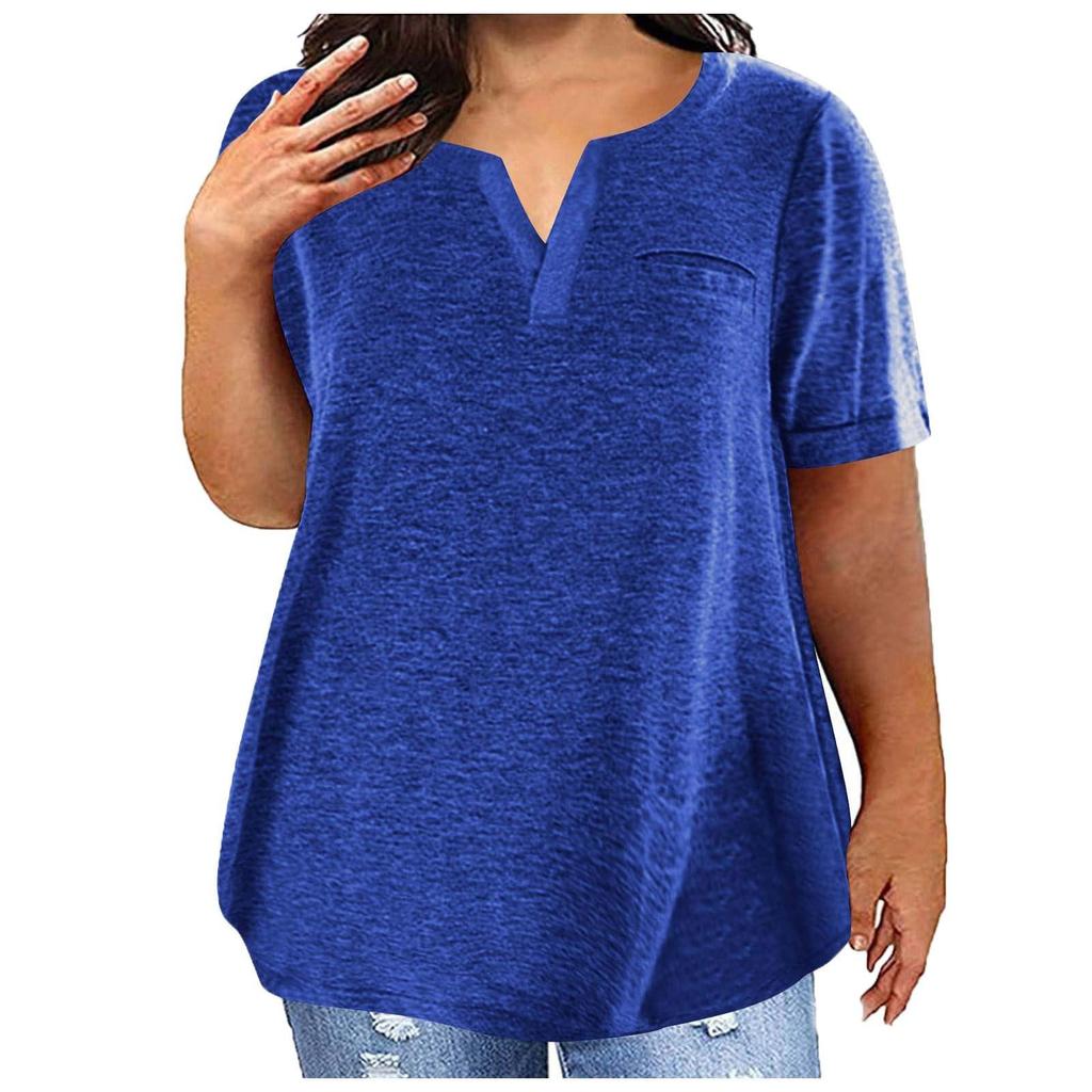 Women Casual Solid Color V Neck Short Sleeve Pocket Top Large Size T Shirt