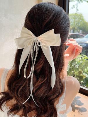 1 Pcs Fashion White Pearl Chain Bow Ribbon Barrettes For Women Girls Party Hair Accessories