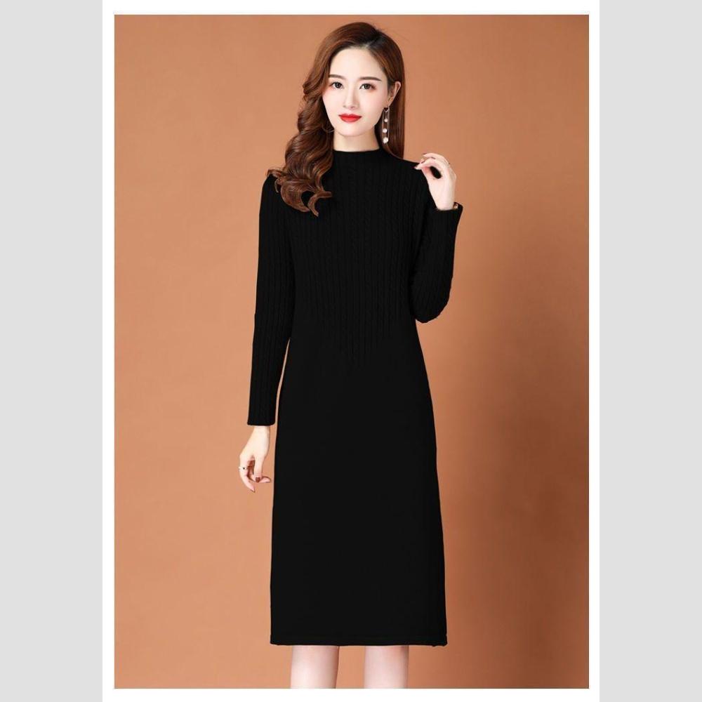 Trendy jednobarevné pletené šaty pro ženy na podzim a zimu Slim svetr s polovičním rolákem Ležérní pletený svetr s dlouhým rukávem