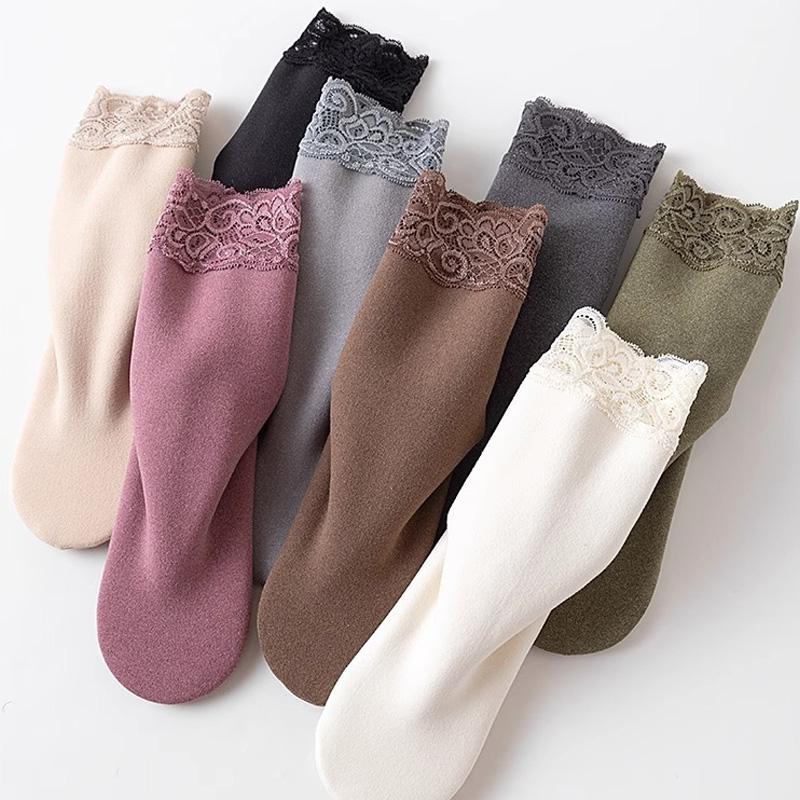 1Pair Lace Keep Warm Thicken Winter Socks Self-heating Fleece-lined Cotton Snow Socks