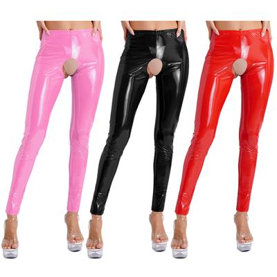 Women's Wetlook Leather Leggings Elastic Waistband Cutout Tights Pants High-Waisted Trousers