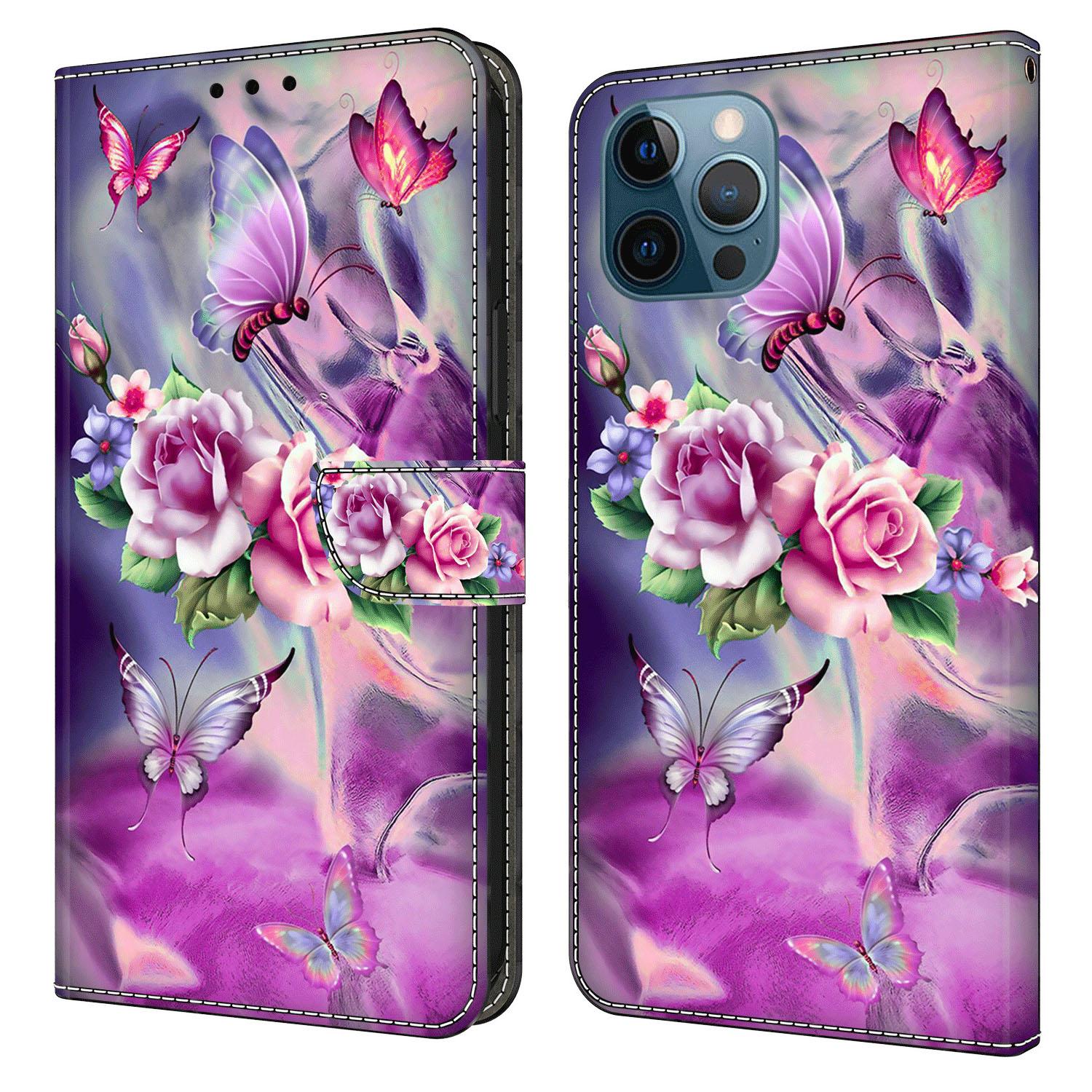 

For iPhone 15 Pro Max 3D Pattern Printed PU Leather Cover Stand Wallet Flip Phone Case Butterflies/Flowers