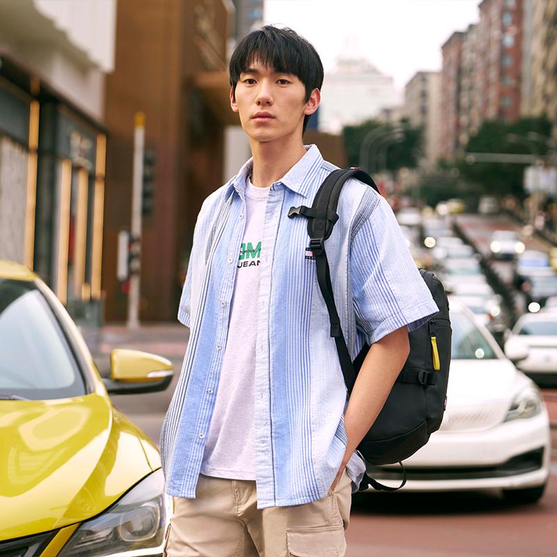 Tommy Hilfiger Cotton Vintage Casual Color-Block Striped Textured Loose Short Sleeve Shirt Men Shirts DM0DM22789