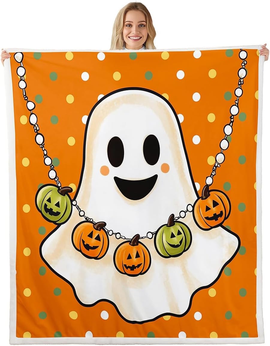 Pink Halloween Fleece Blanket Baby Cartoon Cute Halloween Decorations Sherpa Blanket Pumpkin Ghost Witch Hats Fuzzy Plush Throw 75x100cm