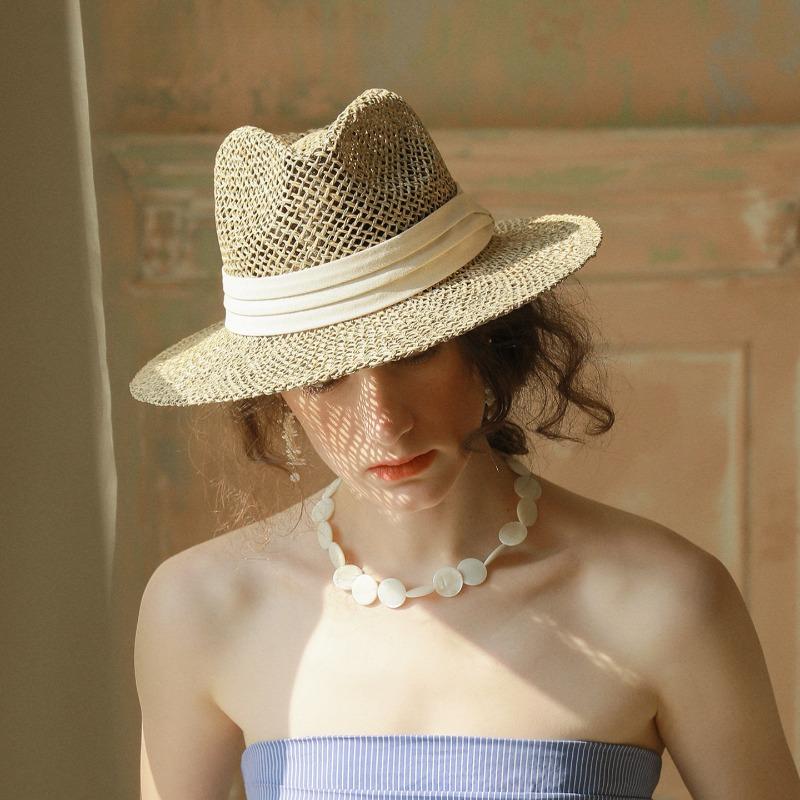 My Extreme Outdoor Activities Women's Black Natural Seagrass Panama Hat Handwoven Breathable Summer Vacation Beach Straw Hat 55-57Cm
