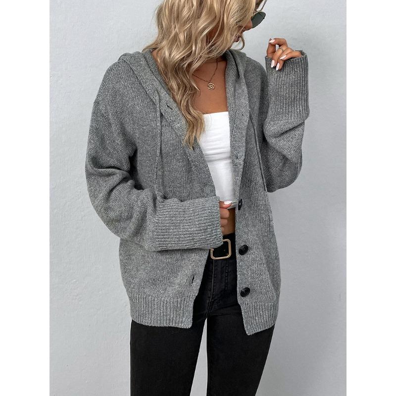 Women S Solid Color Hooded Knit Cardigan Sweater Single Breasted Long Sleeve Autumn Winter