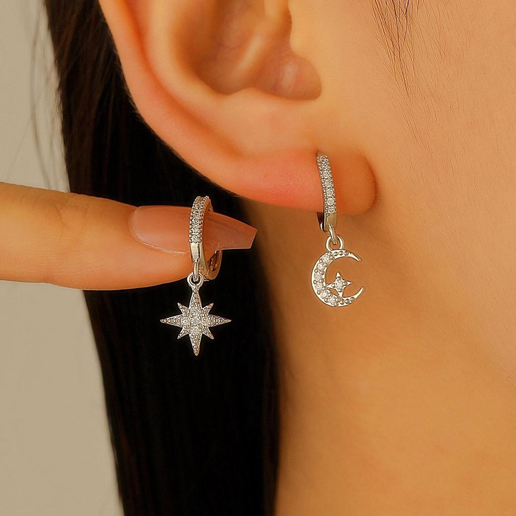 European and American Asymmetrical Star & Moon Earrings Set: Fashion Zircon Studs & Ear Cuffs