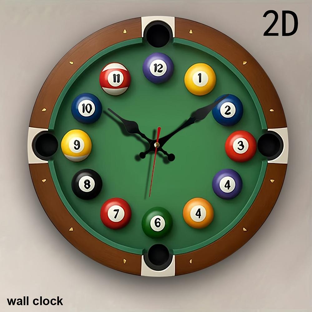 

Silent Non-Ticking Pool Table Design Wall Clock - Creative Billiard Balls & Cue Stick Numbers 1-12, Wooden Frame, - Home Offic 10x10 inch
