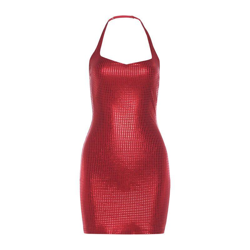 2025 European and American Autumn New Fashion Sexy Halter Neck Slim Waist Personalized Halter Neck Bodycon Dress for Women Red S