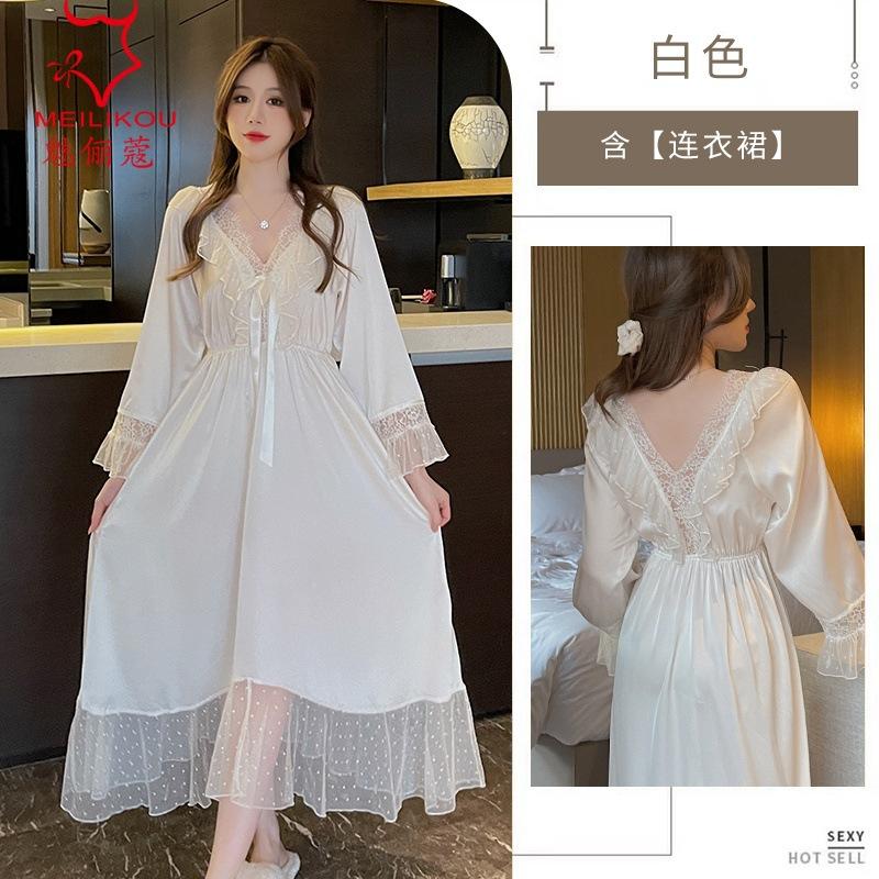 

Sexy female spring and autumn ice silk long-sleeved lace seduction long dress love fun loungewear set L білий