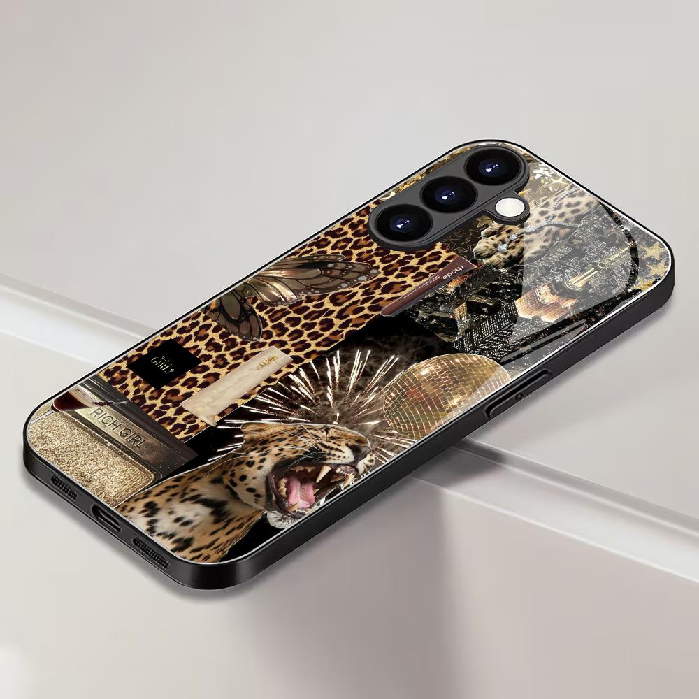 Leopard Print Design Tempered Glass Phone Case Suitable for Samsung Galaxy S26 S25 S24 S23 S22 S21 S20 FE/Ultra/Plus Anti Drop