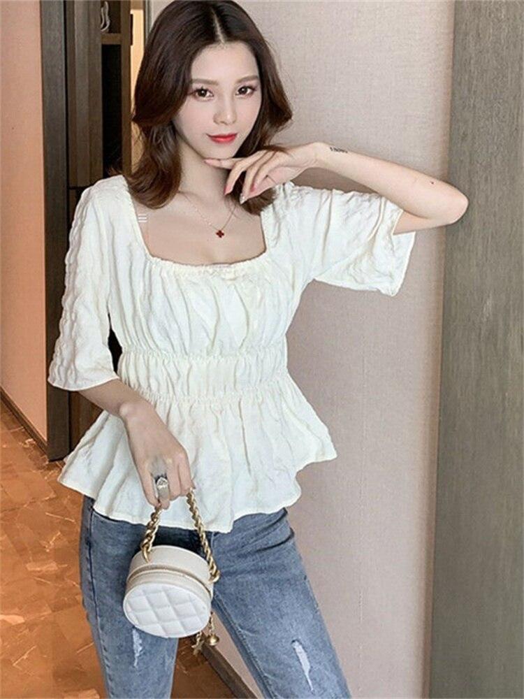 New 2022 Summer Vintage Elegant Women Chiffon Blouses Casual Mid Sleeve Blusas Femme Spuare Collar Solid Shirts Female Tops