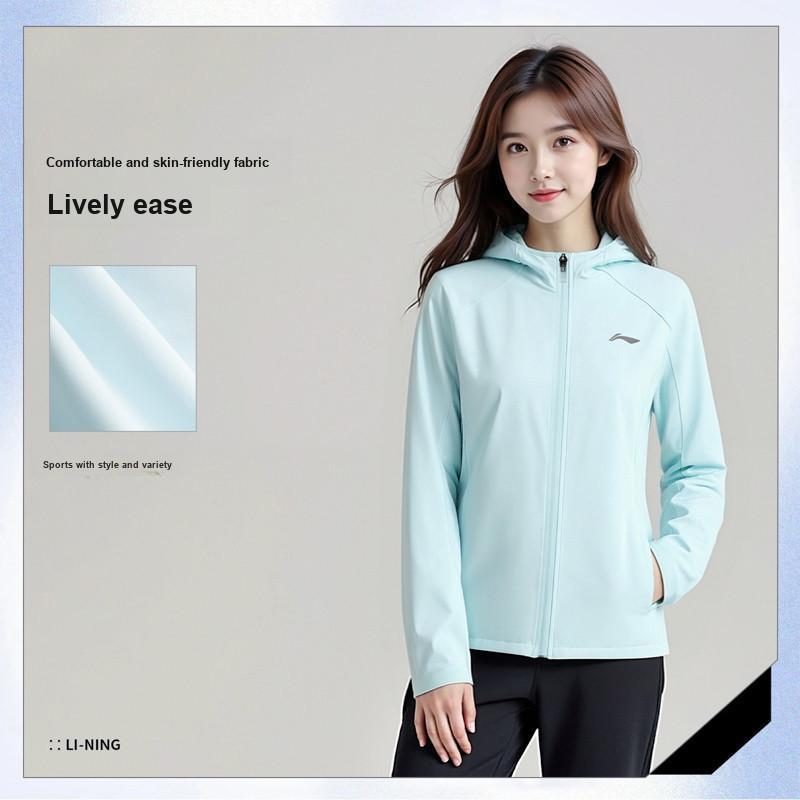 Li Ning Running Jacket Hooded Sports Windbreaker Women outerwear Light-Sky-Blue AFDV520-2