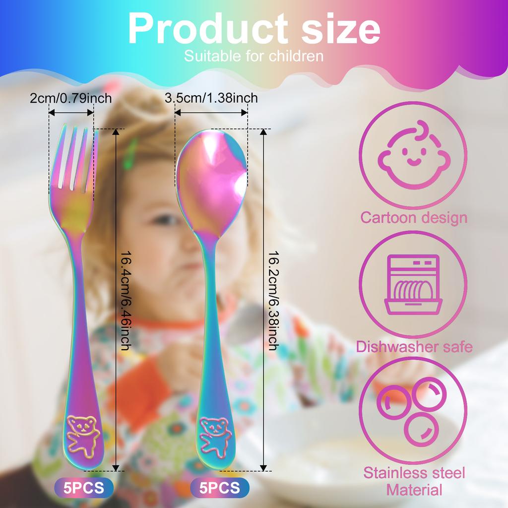10/9pc Fork Spoons Kits Stainless Steel Kids Silverware Set Cute Bear Printed Tableware for Children Home Outside Travel Feeding